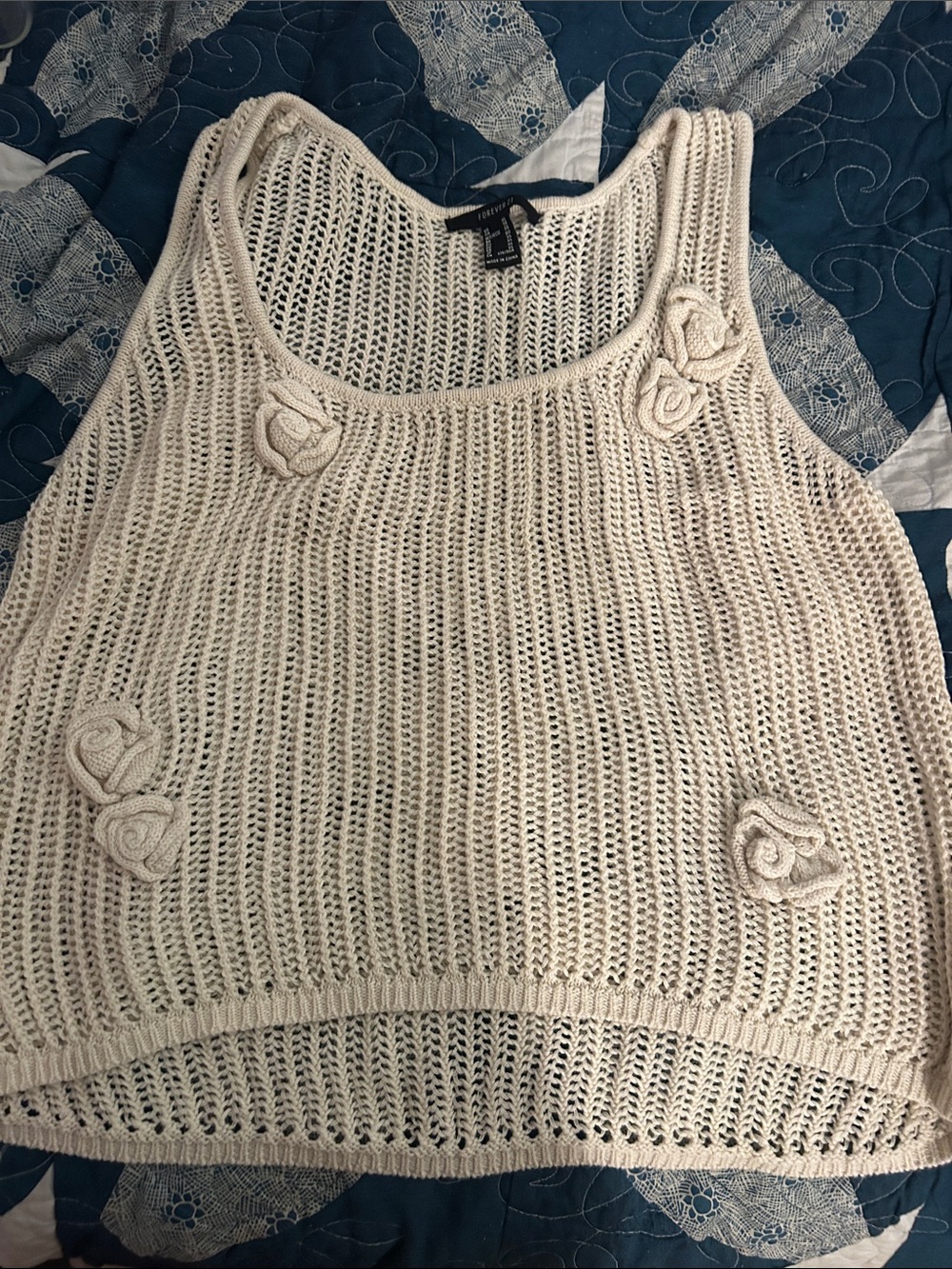 Forever 21 Cream Crochet Tank Top with Floral Rosette Accents